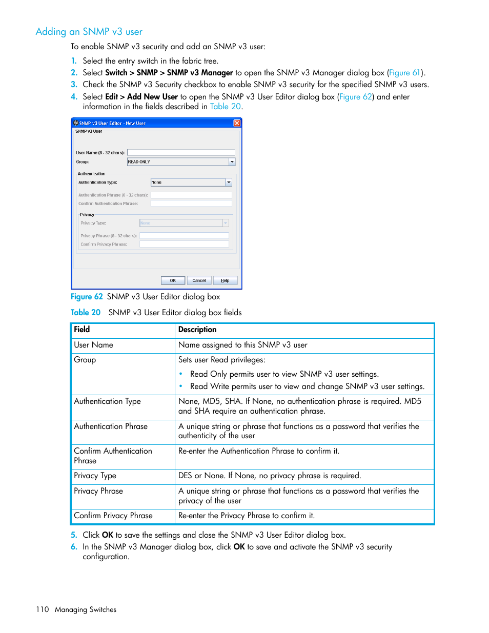 Adding an snmp v3 user, Figure 62 snmp v3 user editor dialog box, Table 20 snmp v3 user editor dialog box fields | 62 snmp v3 user editor dialog box, 20 snmp v3 user editor dialog box fields | HP H-series Enterprise Fabric Management Suite Software User Manual | Page 110 / 160