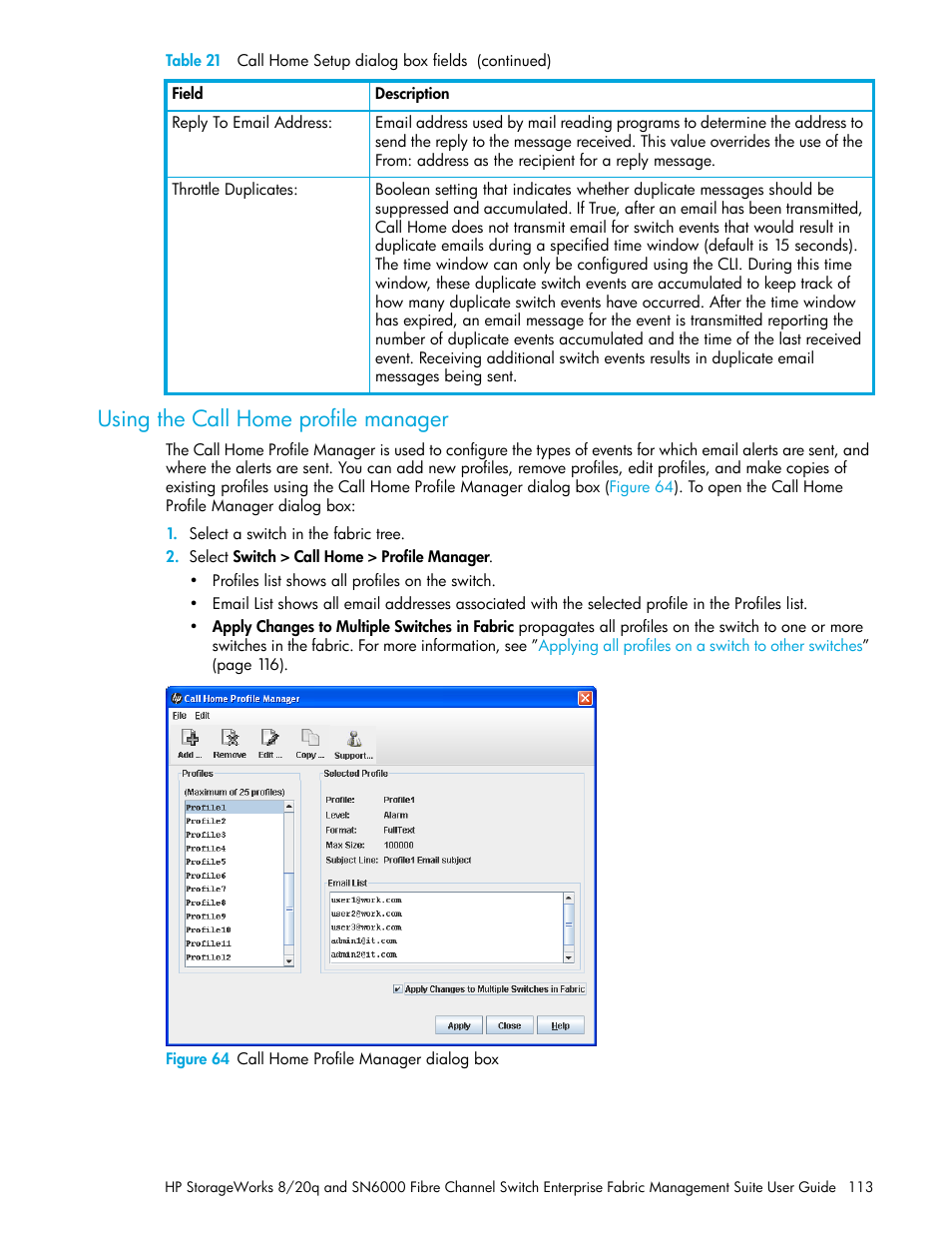 Using the call home profile manager, Figure 64 call home profile manager dialog box, 64 call home profile manager dialog box | HP H-series Enterprise Fabric Management Suite Software User Manual | Page 113 / 160