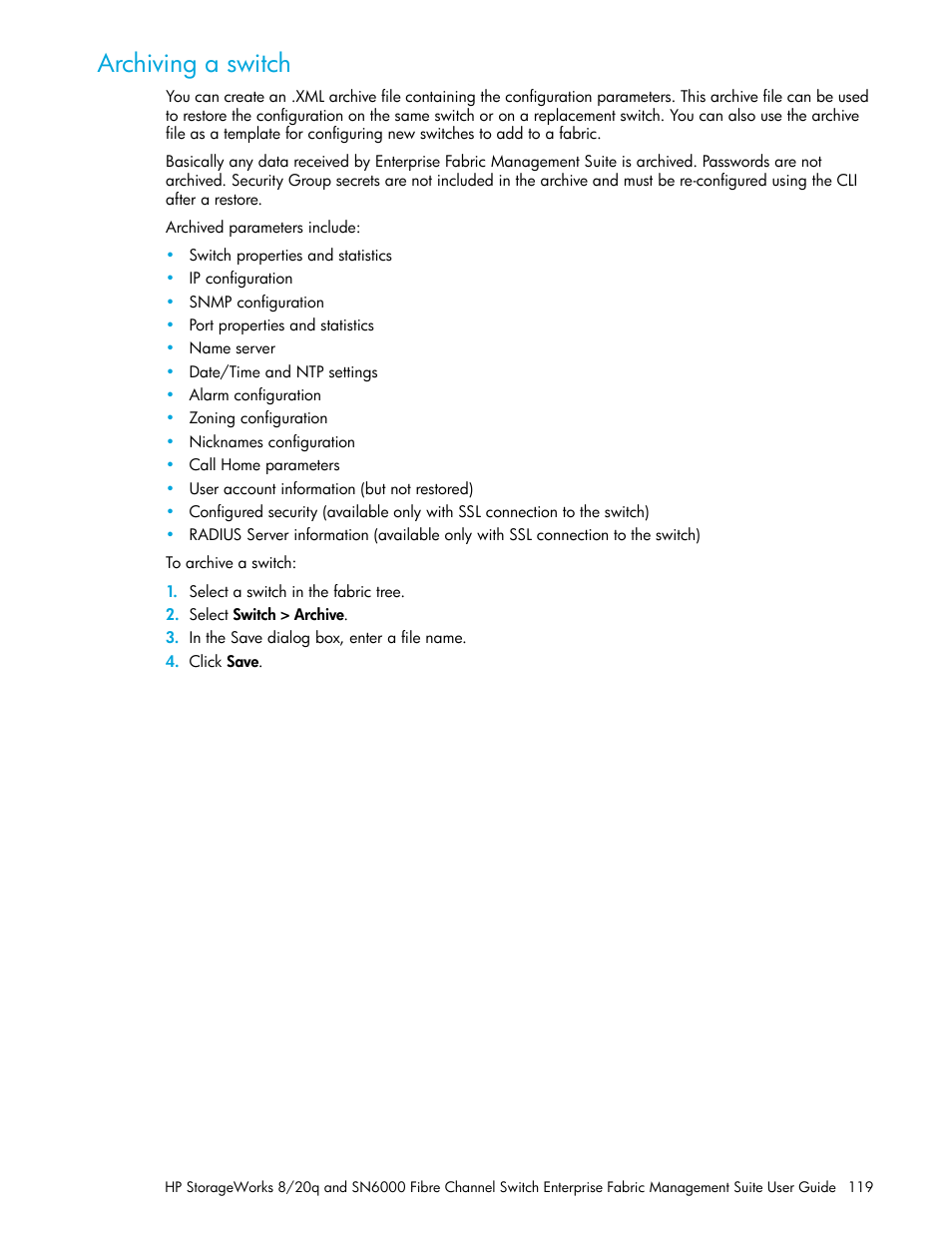 Archiving a switch | HP H-series Enterprise Fabric Management Suite Software User Manual | Page 119 / 160