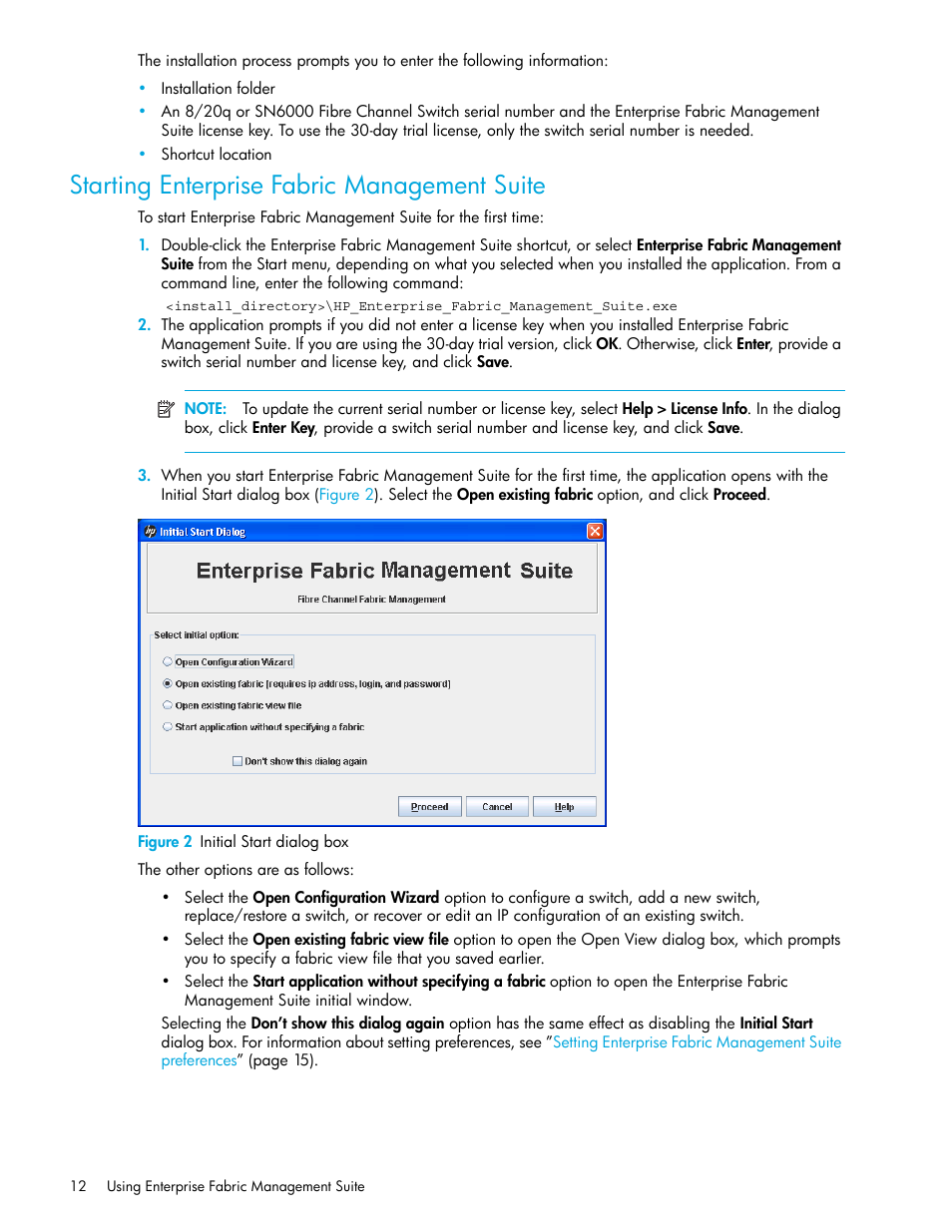 Starting enterprise fabric management suite, Figure 2 initial start dialog box, 2 initial start dialog box | HP H-series Enterprise Fabric Management Suite Software User Manual | Page 12 / 160