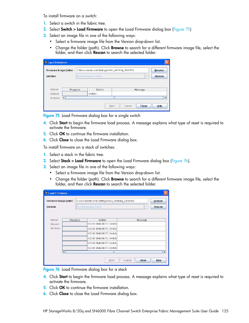 Figure 76 load firmware dialog box for a stack, 75 load firmware dialog box for a single switch, 76 load firmware dialog box for a stack | HP H-series Enterprise Fabric Management Suite Software User Manual | Page 125 / 160