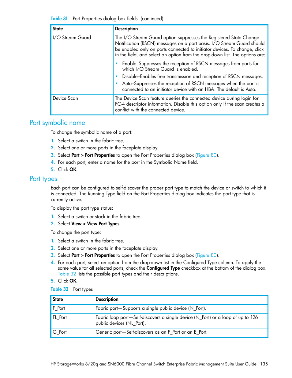 Port symbolic name, Port types, Table 32 port types | 32 port types, Port symbolic, Name | HP H-series Enterprise Fabric Management Suite Software User Manual | Page 135 / 160