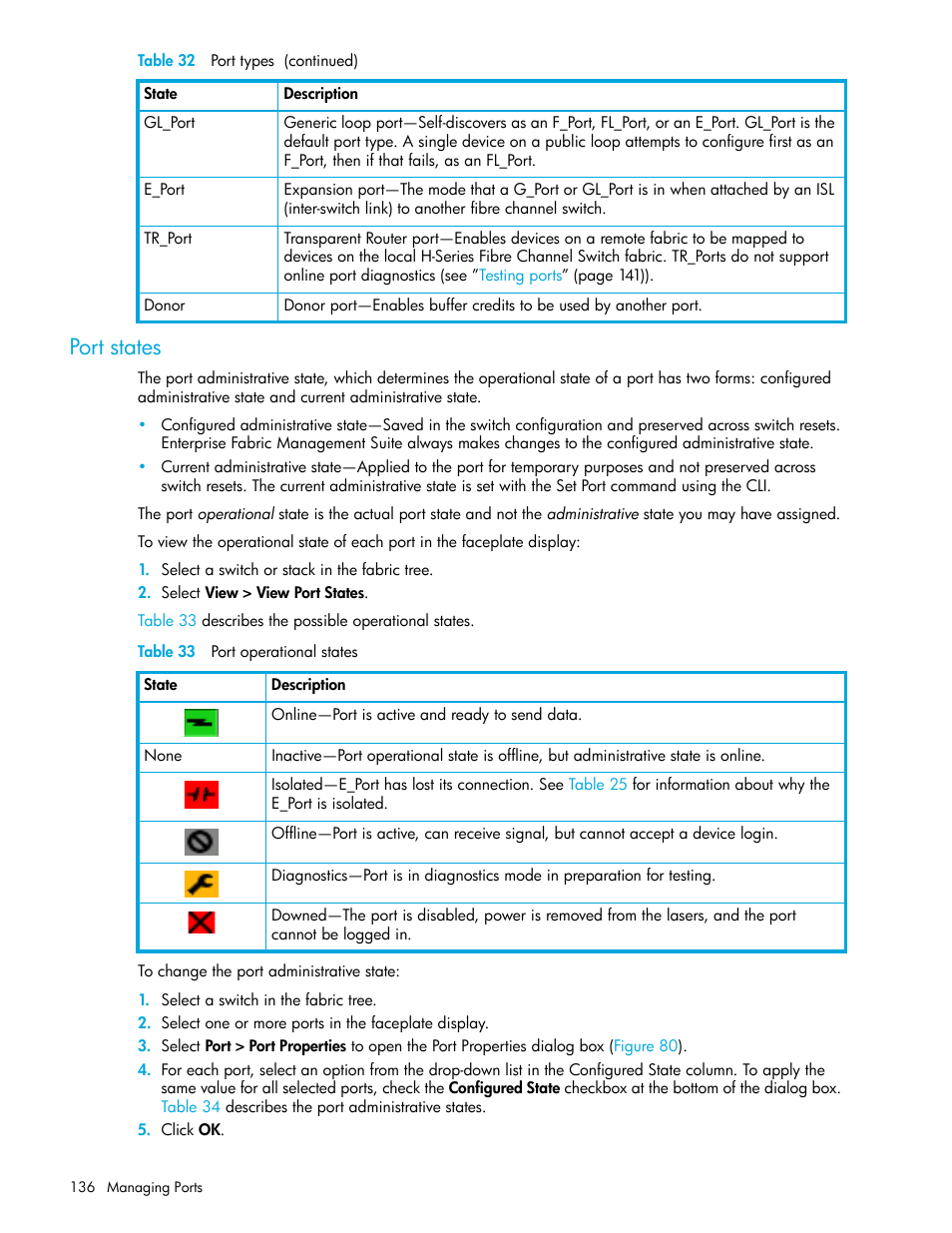 Port states, Table 33 port operational states, 33 port operational states | HP H-series Enterprise Fabric Management Suite Software User Manual | Page 136 / 160