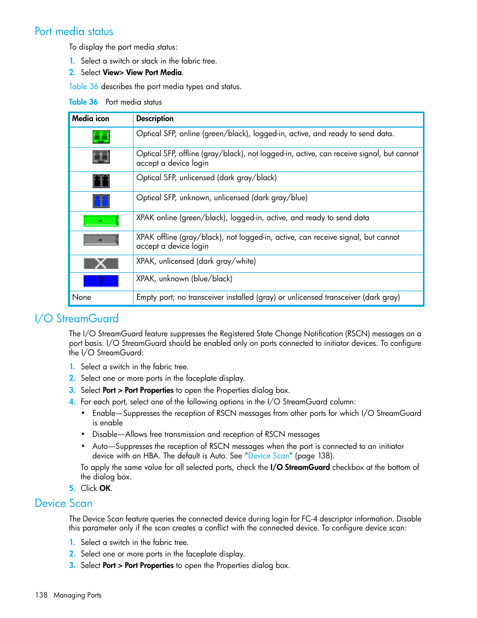 Port media status, Table 36 port media status, I/o streamguard | Device scan, 36 port media status | HP H-series Enterprise Fabric Management Suite Software User Manual | Page 138 / 160