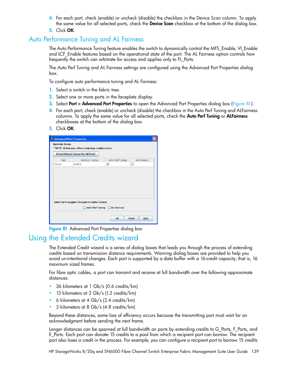 Auto performance tuning and al fairness, Figure 81 advanced port properties dialog box, Using the extended credits wizard | 81 advanced port properties dialog box | HP H-series Enterprise Fabric Management Suite Software User Manual | Page 139 / 160