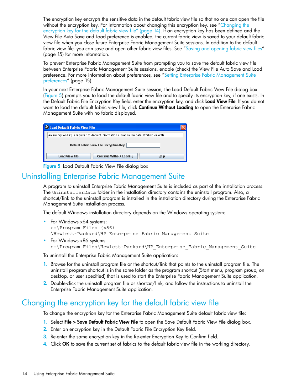 Figure 5 load default fabric view file dialog box, Uninstalling enterprise fabric management suite, 5 load default fabric view file dialog box | HP H-series Enterprise Fabric Management Suite Software User Manual | Page 14 / 160