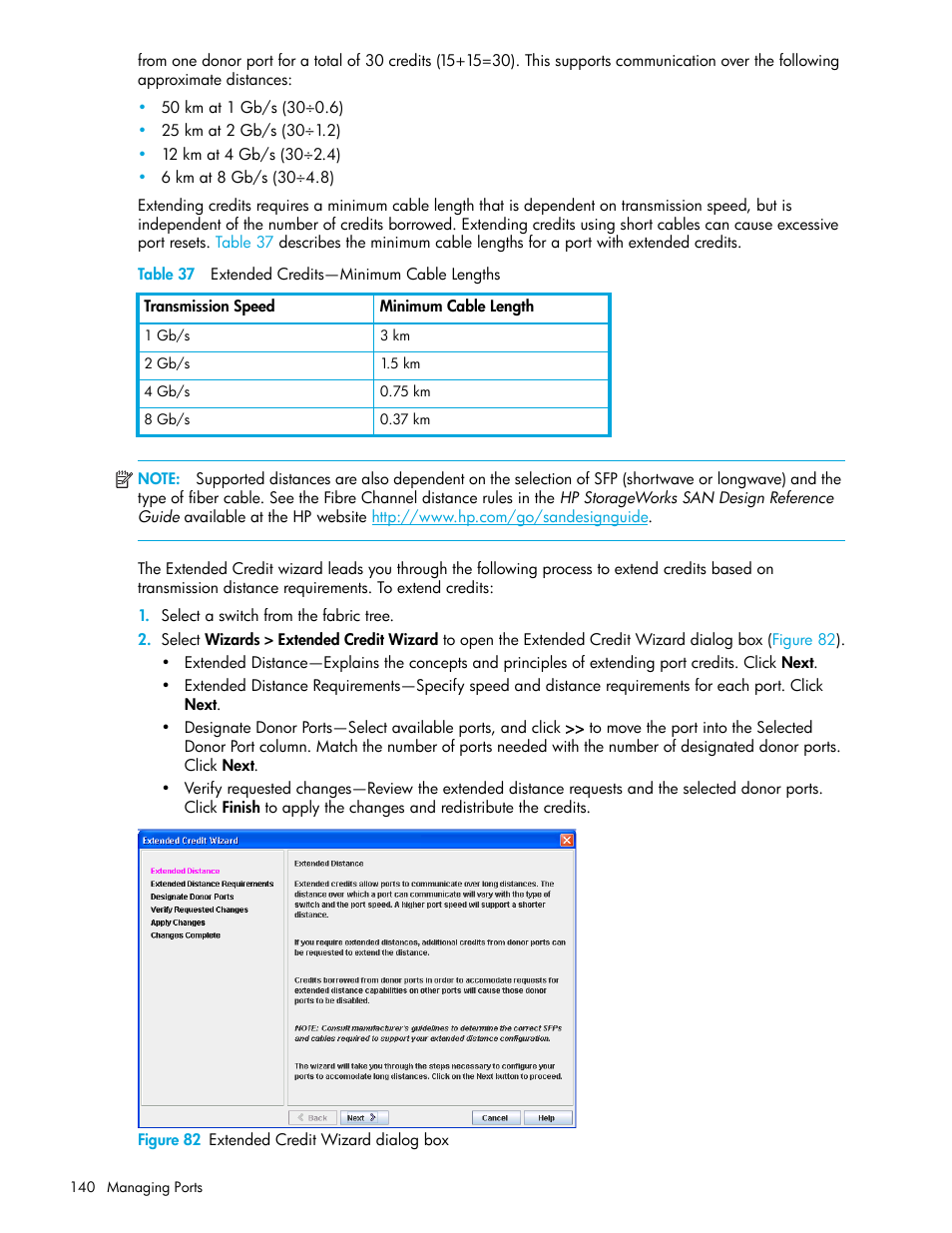 Table 37 extended credits—minimum cable lengths, Figure 82 extended credit wizard dialog box, 82 extended credit wizard dialog box | 37 extended credits—minimum cable lengths | HP H-series Enterprise Fabric Management Suite Software User Manual | Page 140 / 160