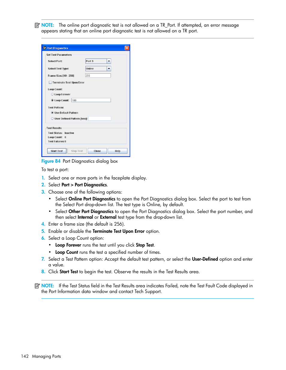 Figure 84 port diagnostics dialog box, 84 port diagnostics dialog box, Figure 84 | HP H-series Enterprise Fabric Management Suite Software User Manual | Page 142 / 160