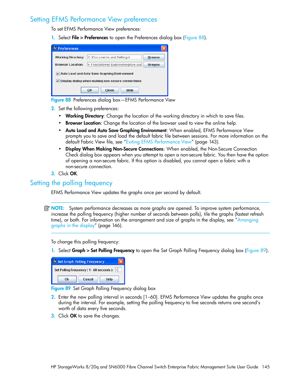 Setting efms performance view preferences, Setting the polling frequency, Figure 89 set graph polling frequency dialog box | 88 preferences dialog box—efms performance view, 89 set graph polling frequency dialog box | HP H-series Enterprise Fabric Management Suite Software User Manual | Page 145 / 160