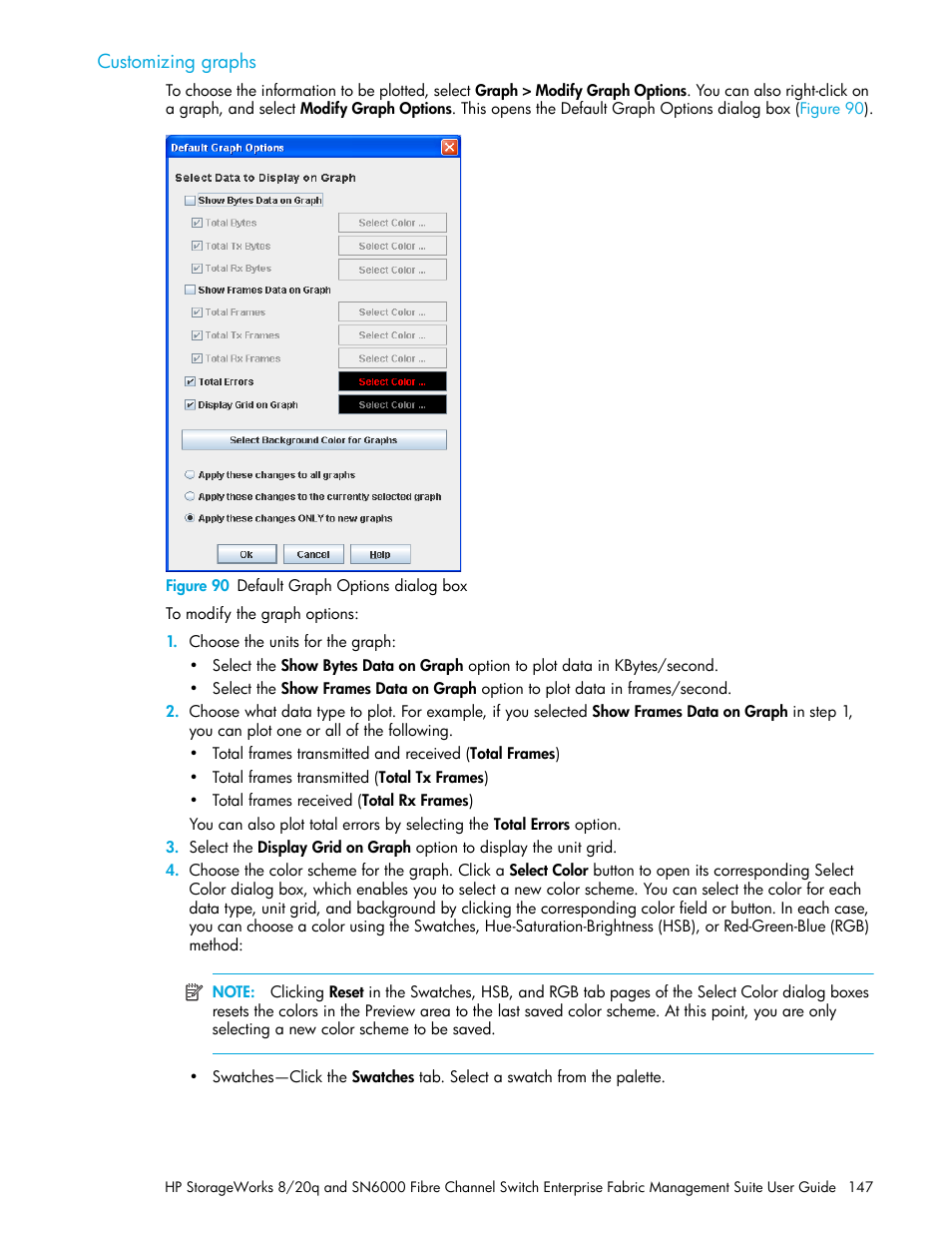 Customizing graphs, Figure 90 default graph options dialog box, 90 default graph options dialog box | HP H-series Enterprise Fabric Management Suite Software User Manual | Page 147 / 160