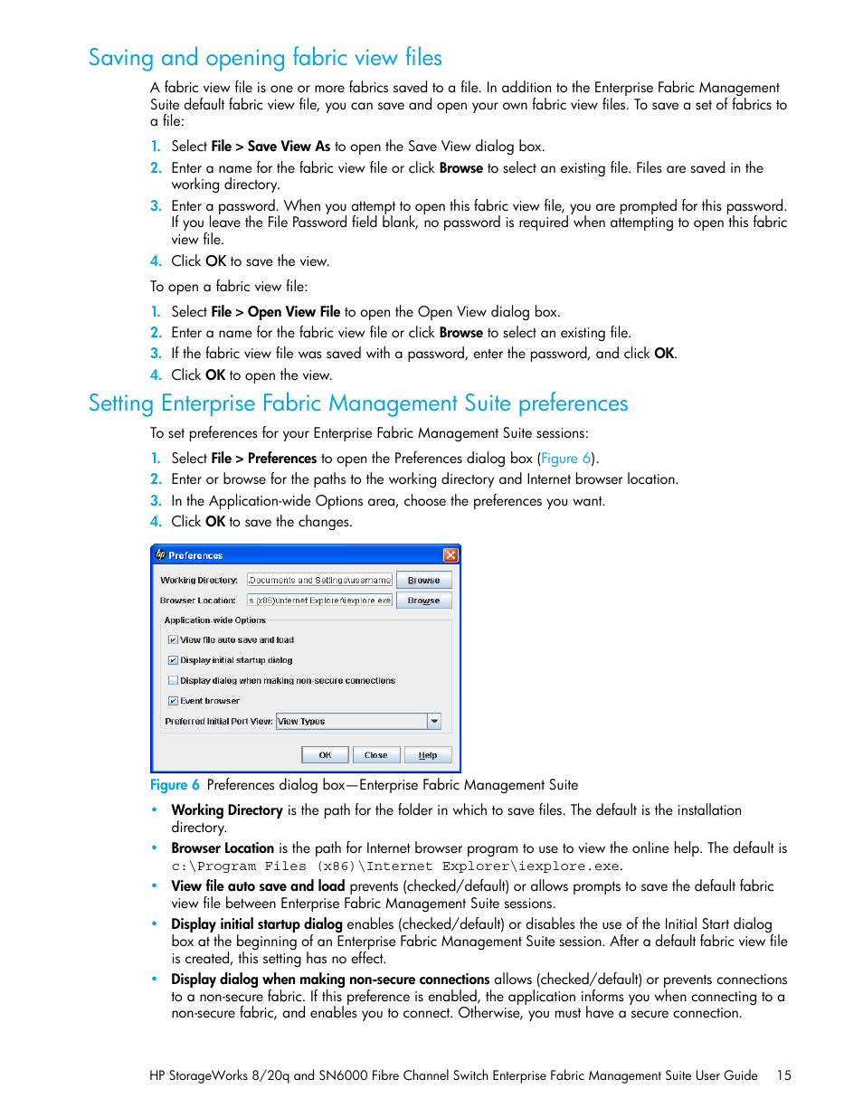 Saving and opening fabric view files, 6 preferences, Dialog | Box—enterprise fabric management suite, Setting enterprise fabric management suite, Preferences | HP H-series Enterprise Fabric Management Suite Software User Manual | Page 15 / 160