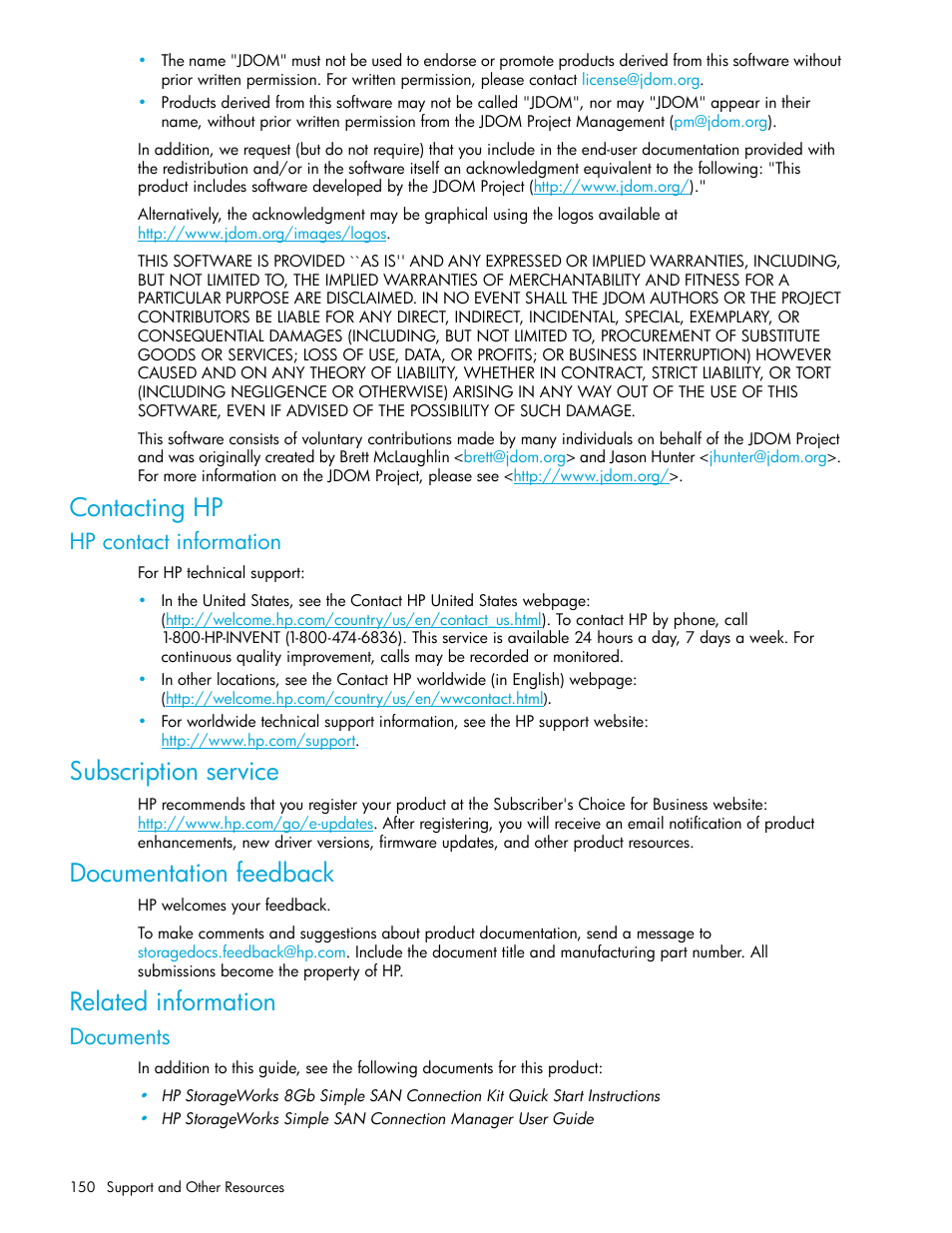 Contacting hp, Hp contact information, Subscription service | Documentation feedback, Related information, Documents | HP H-series Enterprise Fabric Management Suite Software User Manual | Page 150 / 160