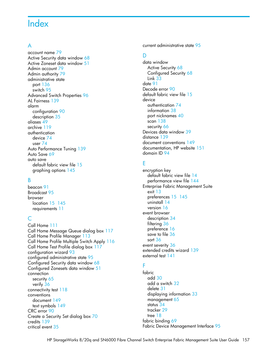 Index | HP H-series Enterprise Fabric Management Suite Software User Manual | Page 157 / 160