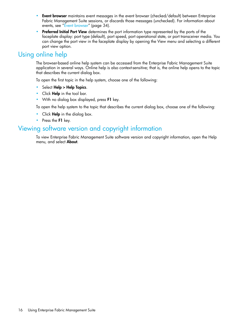 Using online help, Viewing software version and copyright information | HP H-series Enterprise Fabric Management Suite Software User Manual | Page 16 / 160