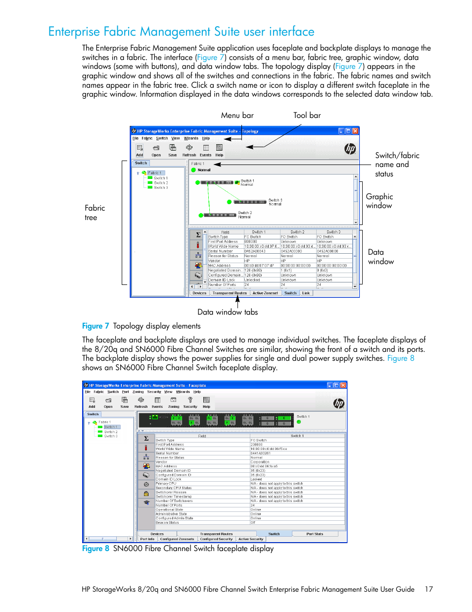 Enterprise fabric management suite user interface, Figure 7 topology display elements, 7 topology display elements | 8 sn6000 fibre channel switch faceplate display | HP H-series Enterprise Fabric Management Suite Software User Manual | Page 17 / 160