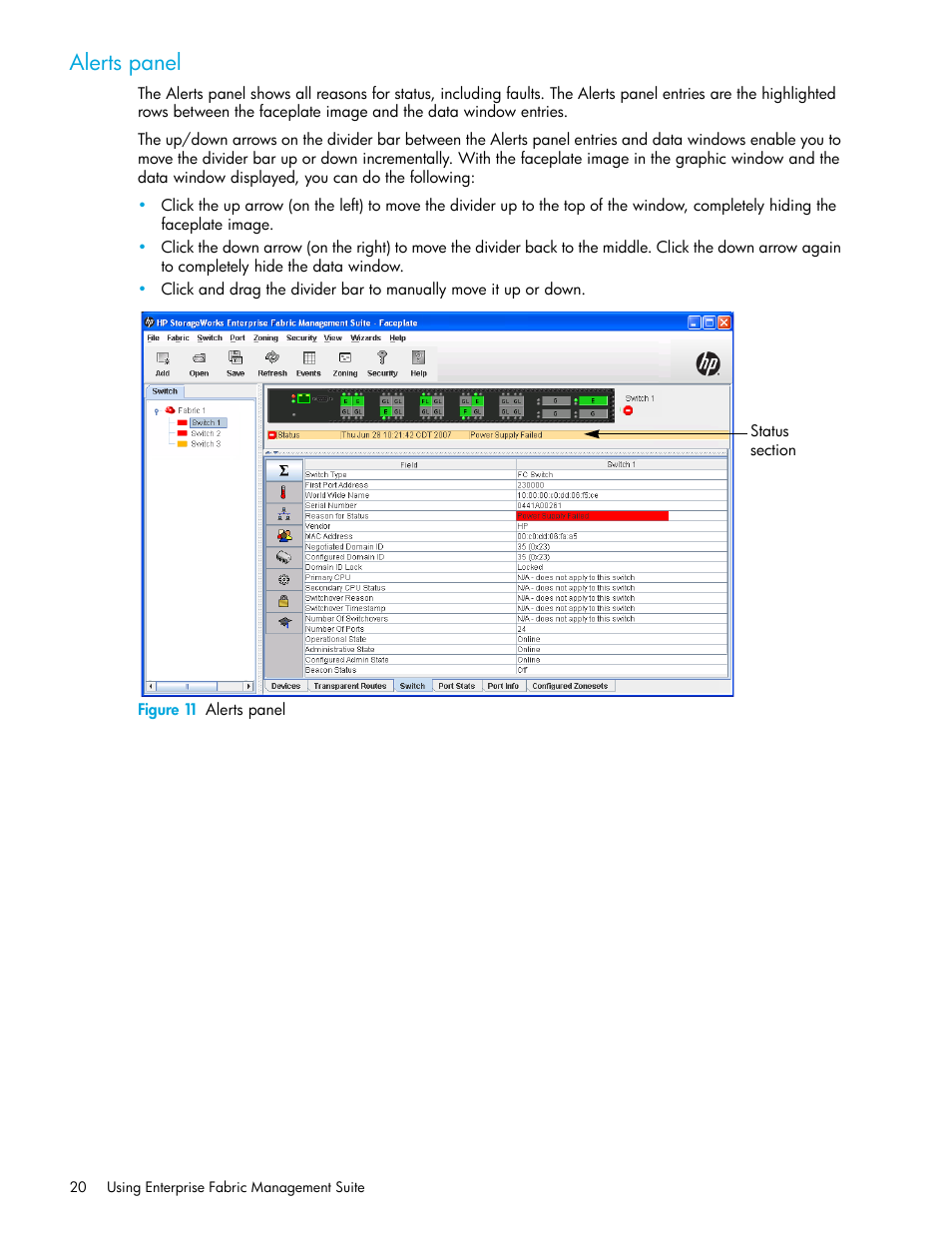Alerts panel, Figure 11 alerts panel, 11 alerts panel | HP H-series Enterprise Fabric Management Suite Software User Manual | Page 20 / 160