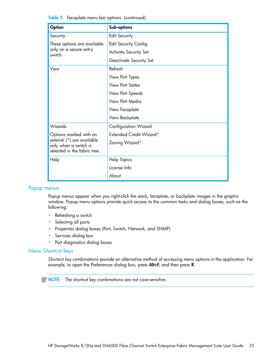 Popup menus, Menu shortcut keys | HP H-series Enterprise Fabric Management Suite Software User Manual | Page 25 / 160