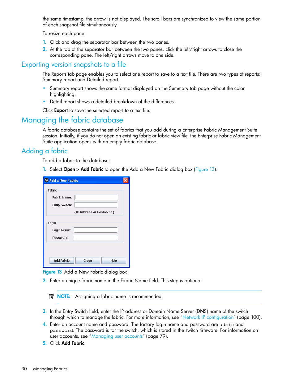 Exporting version snapshots to a file, Managing the fabric database, Adding a fabric | Figure 13 add a new fabric dialog box, 13 add a new fabric dialog box | HP H-series Enterprise Fabric Management Suite Software User Manual | Page 30 / 160