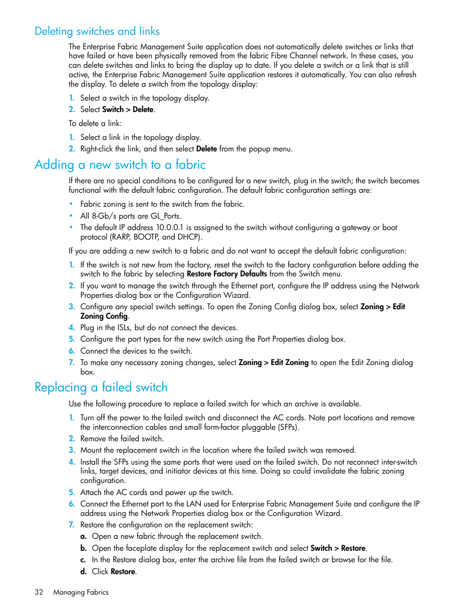 Deleting switches and links, Adding a new switch to a fabric, Replacing a failed switch | HP H-series Enterprise Fabric Management Suite Software User Manual | Page 32 / 160