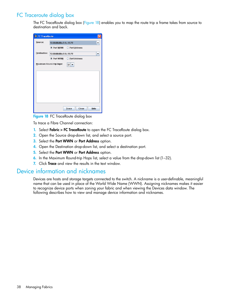 Fc traceroute dialog box, Figure 18 fc traceroute dialog box, Device information and nicknames | 18 fc traceroute dialog box | HP H-series Enterprise Fabric Management Suite Software User Manual | Page 38 / 160