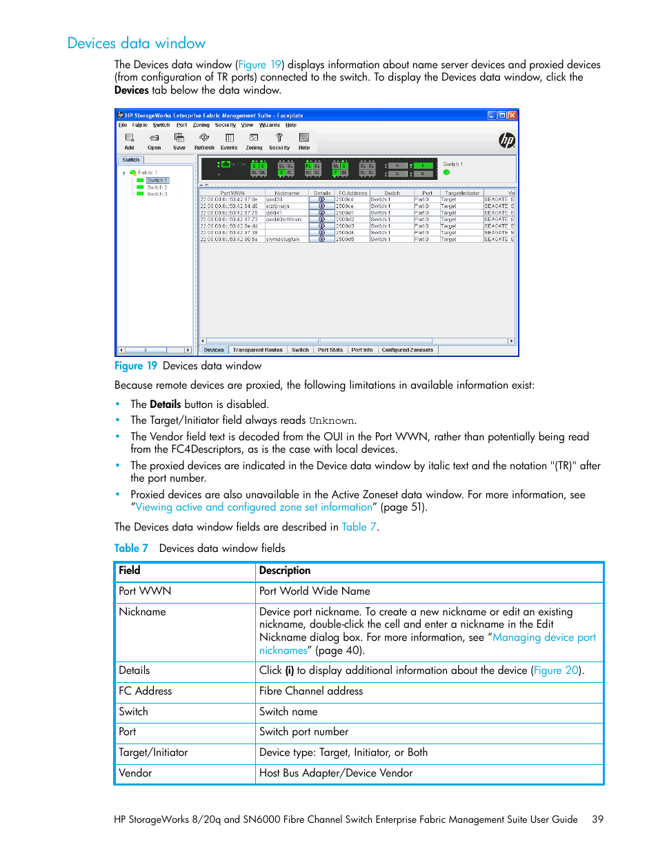 Devices data window, Figure 19 devices data window, Table 7 devices data window fields | 19 devices data window, 7 devices data window fields | HP H-series Enterprise Fabric Management Suite Software User Manual | Page 39 / 160