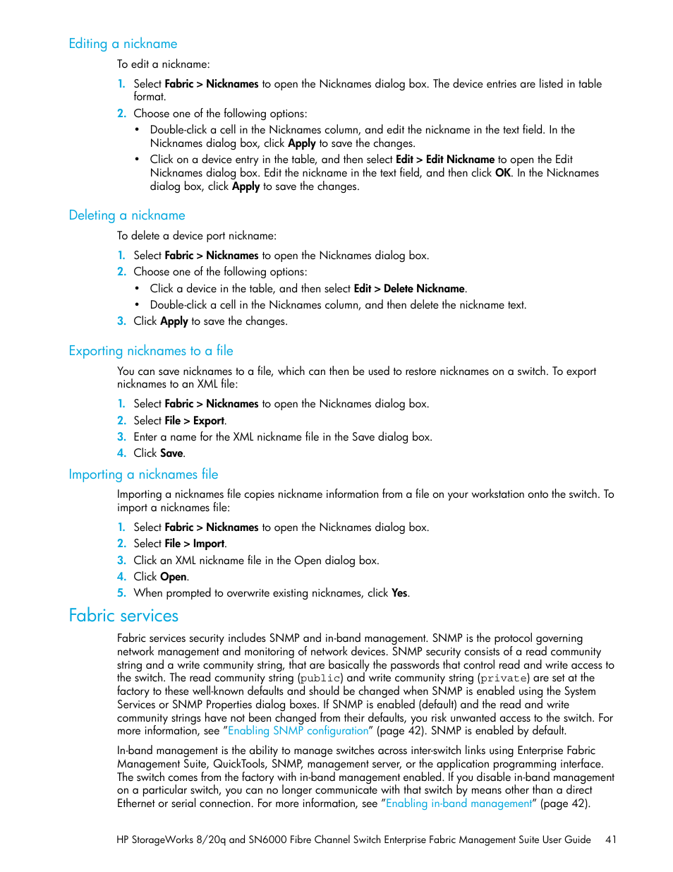 Editing a nickname, Deleting a nickname, Exporting nicknames to a file | Importing a nicknames file, Fabric services | HP H-series Enterprise Fabric Management Suite Software User Manual | Page 41 / 160