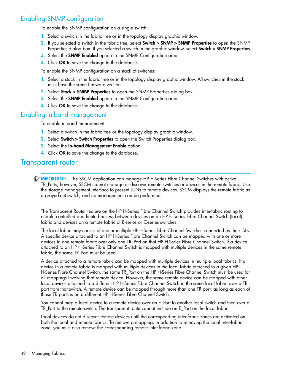 Enabling snmp configuration, Enabling in-band management, Transparent router | HP H-series Enterprise Fabric Management Suite Software User Manual | Page 42 / 160