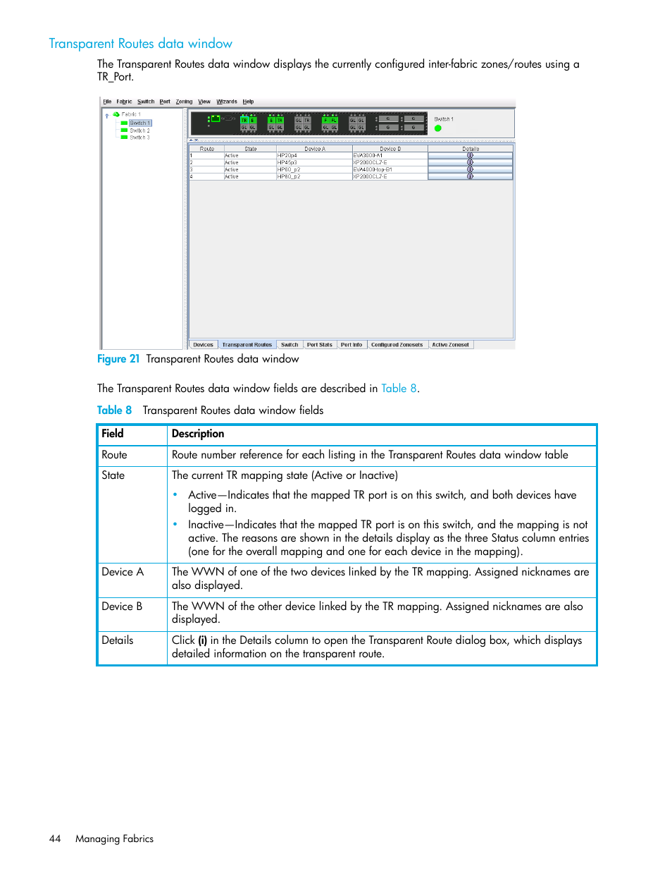 Transparent routes data window, Figure 21 transparent routes data window, Table 8 transparent routes data window fields | 21 transparent routes data window, 8 transparent routes data window fields | HP H-series Enterprise Fabric Management Suite Software User Manual | Page 44 / 160