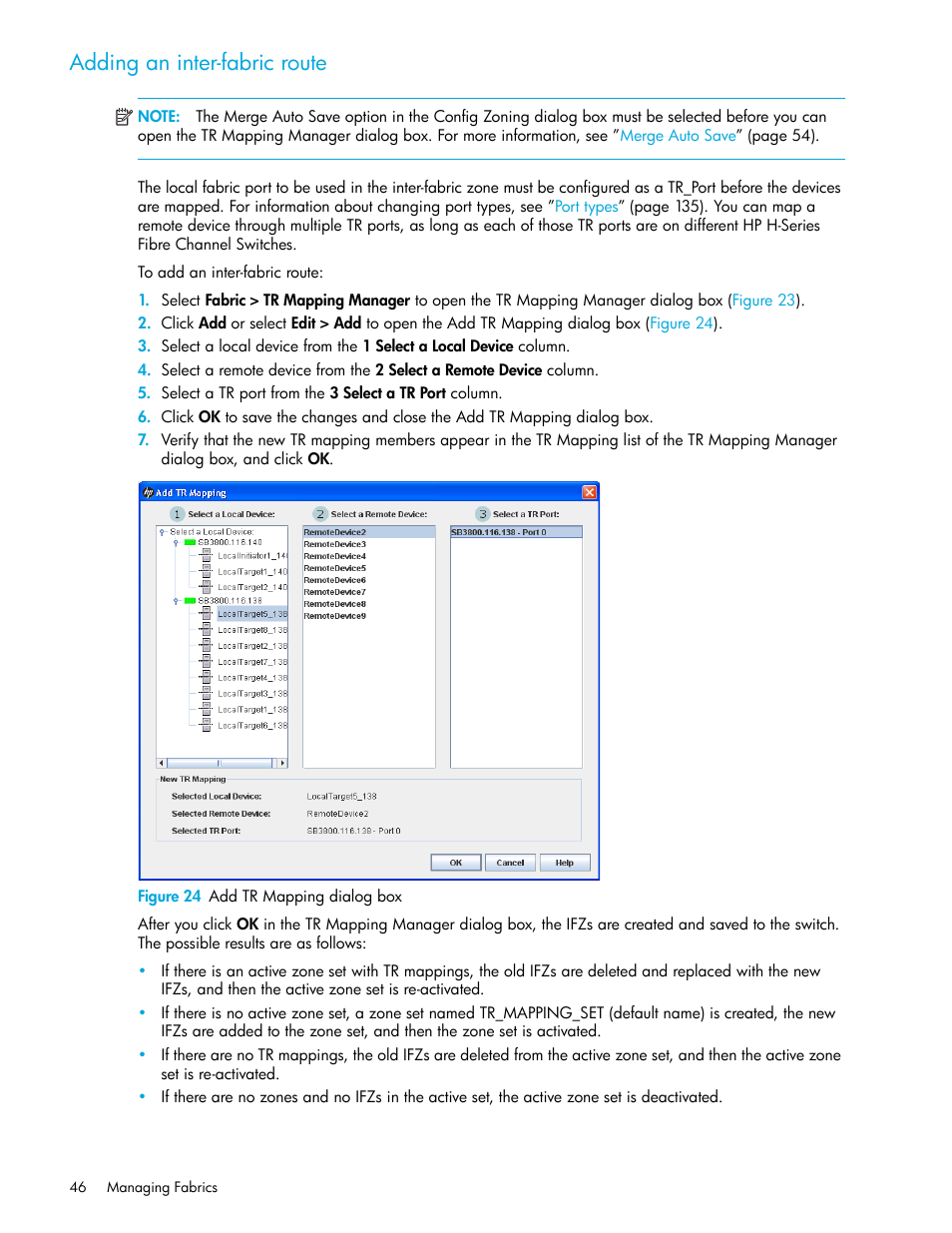 Adding an inter-fabric route, Figure 24 add tr mapping dialog box, 24 add tr mapping dialog box | HP H-series Enterprise Fabric Management Suite Software User Manual | Page 46 / 160