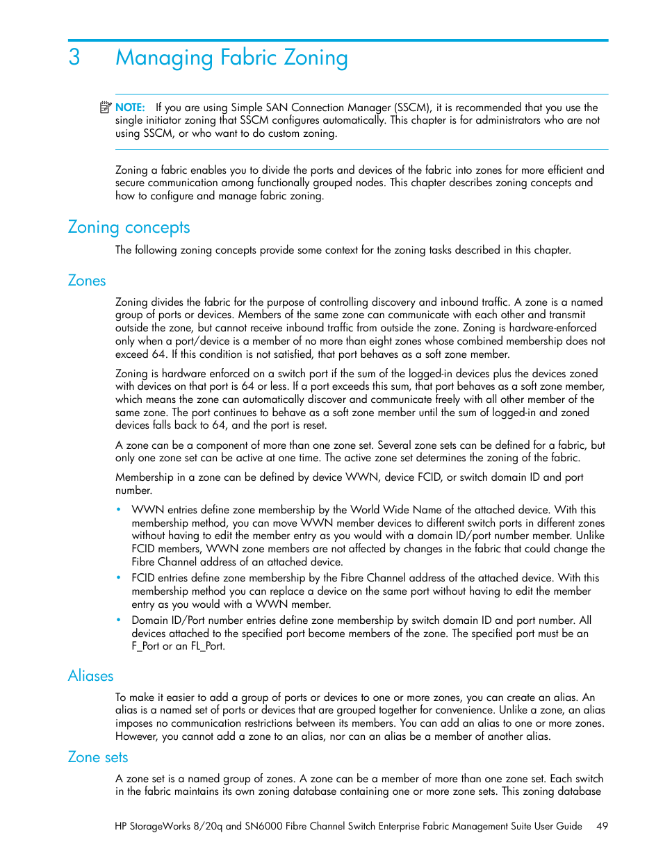 Managing fabric zoning, Zoning concepts, Zones | Aliases, Zone sets, 3 managing fabric zoning, 3managing fabric zoning | HP H-series Enterprise Fabric Management Suite Software User Manual | Page 49 / 160