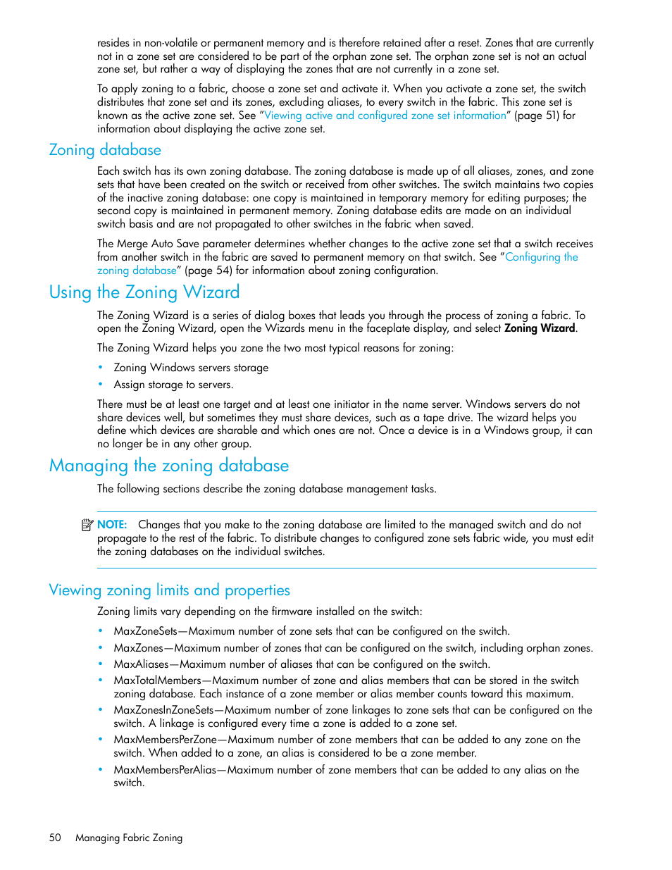 Zoning database, Using the zoning wizard, Managing the zoning database | Viewing zoning limits and properties | HP H-series Enterprise Fabric Management Suite Software User Manual | Page 50 / 160