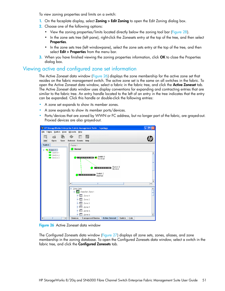 Viewing active and configured zone set information, Figure 26 active zoneset data window, 26 active zoneset data window | Viewing active and configured, Zone set information, Viewing active and configured zone set, Information | HP H-series Enterprise Fabric Management Suite Software User Manual | Page 51 / 160