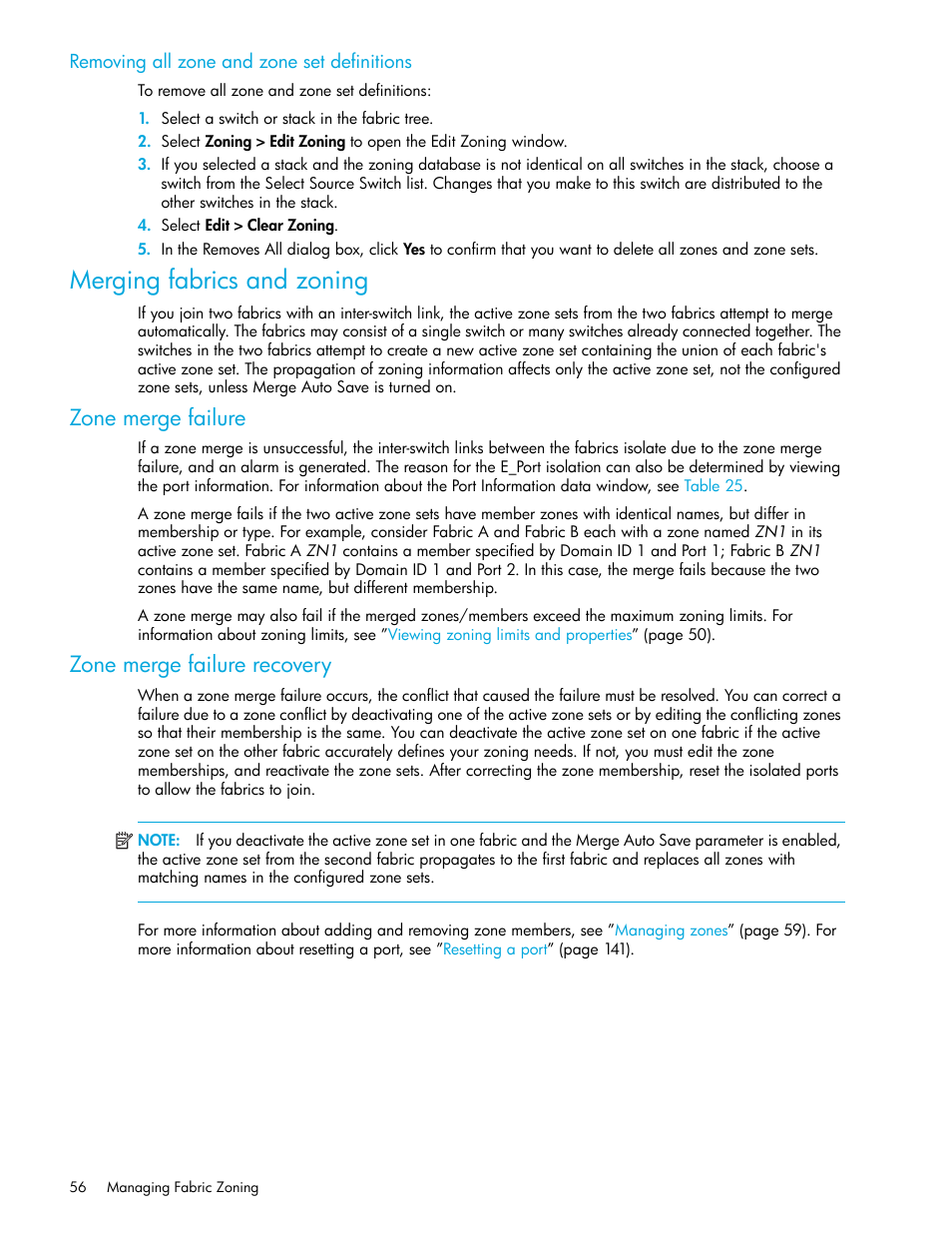 Removing all zone and zone set definitions, Merging fabrics and zoning, Zone merge failure | Zone merge failure recovery | HP H-series Enterprise Fabric Management Suite Software User Manual | Page 56 / 160