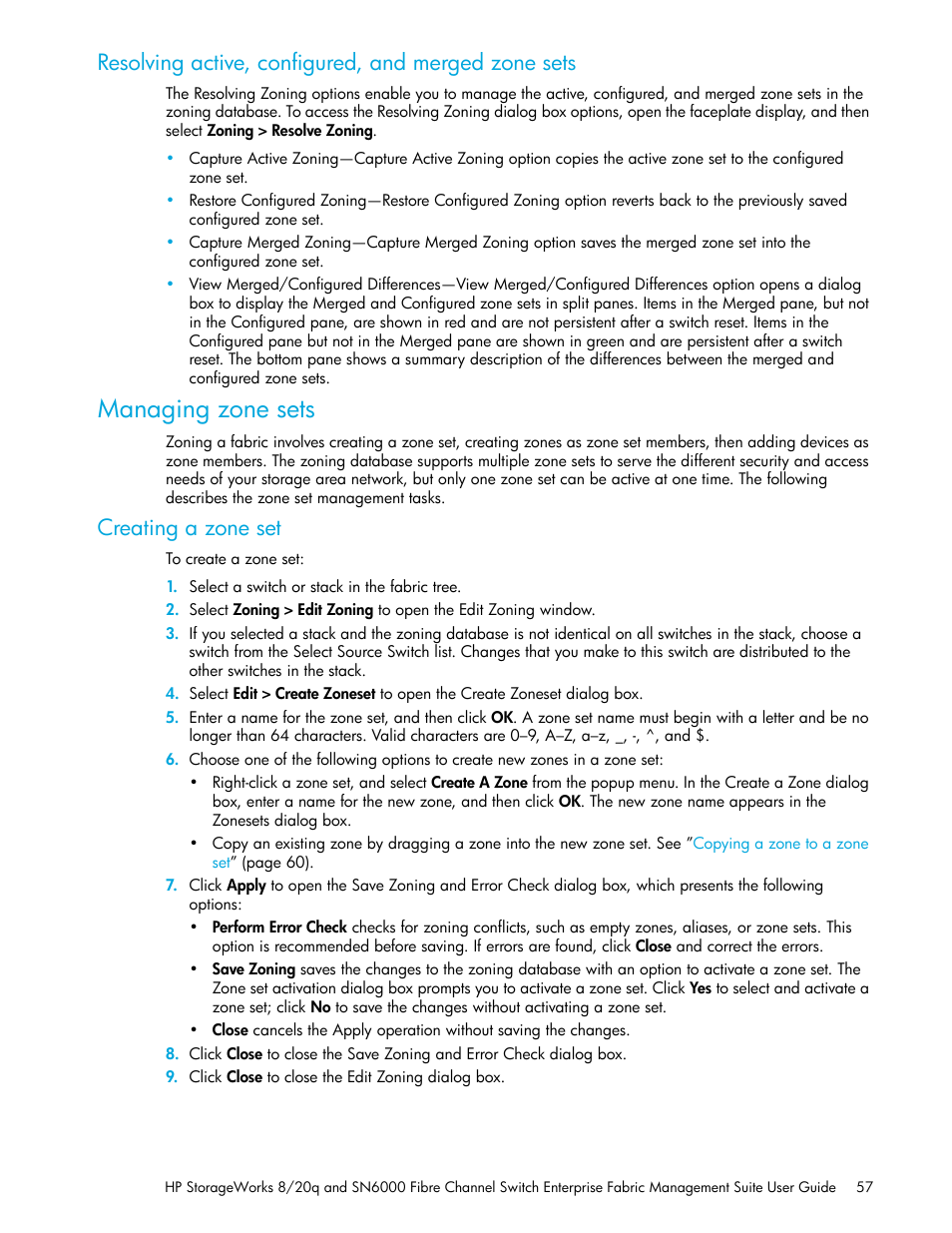 Resolving active, configured, and merged zone sets, Managing zone sets, Creating a zone set | HP H-series Enterprise Fabric Management Suite Software User Manual | Page 57 / 160