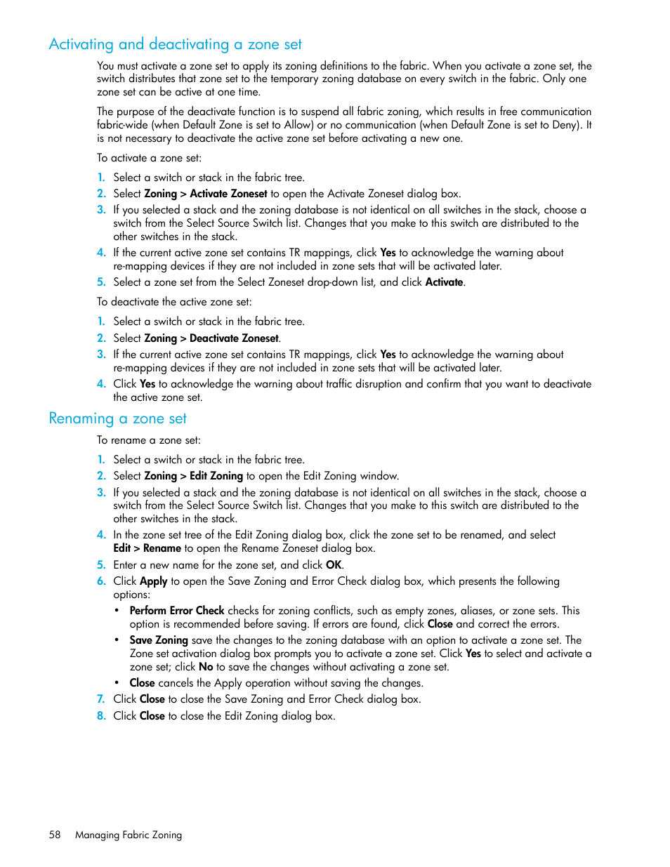Activating and deactivating a zone set, Renaming a zone set | HP H-series Enterprise Fabric Management Suite Software User Manual | Page 58 / 160