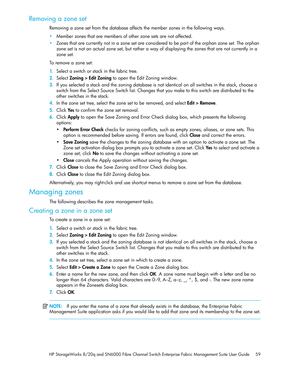 Removing a zone set, Managing zones, Creating a zone in a zone set | HP H-series Enterprise Fabric Management Suite Software User Manual | Page 59 / 160