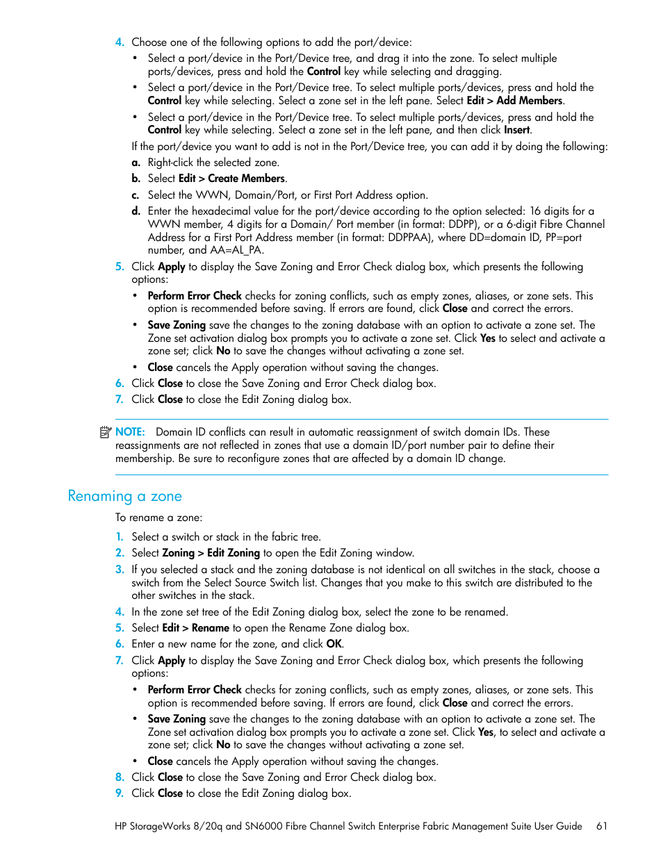 Renaming a zone | HP H-series Enterprise Fabric Management Suite Software User Manual | Page 61 / 160