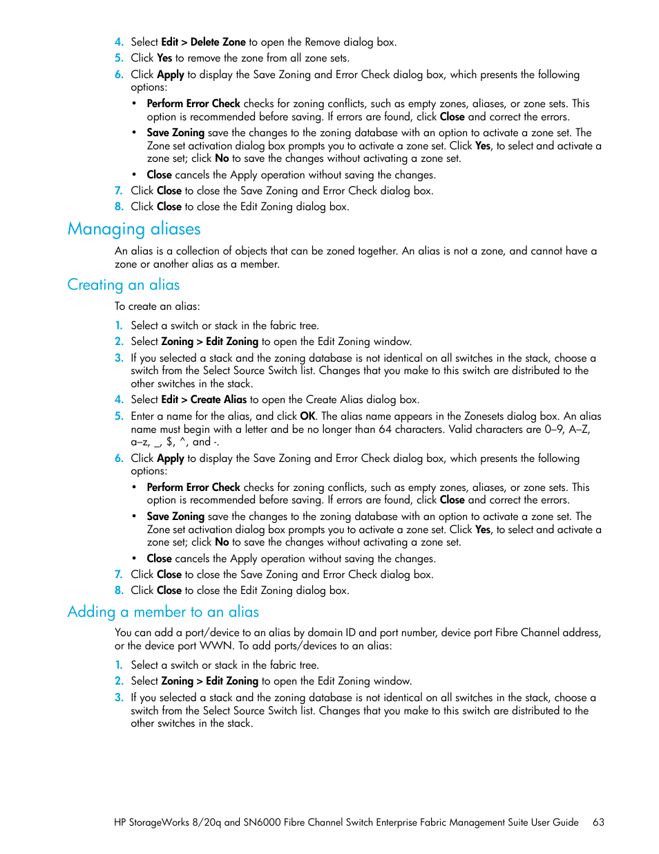 Managing aliases, Creating an alias, Adding a member to an alias | HP H-series Enterprise Fabric Management Suite Software User Manual | Page 63 / 160