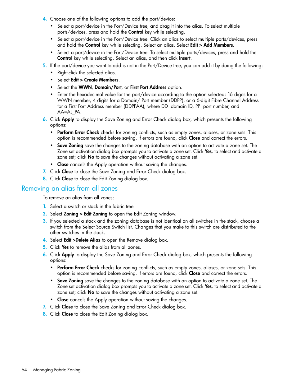 Removing an alias from all zones | HP H-series Enterprise Fabric Management Suite Software User Manual | Page 64 / 160