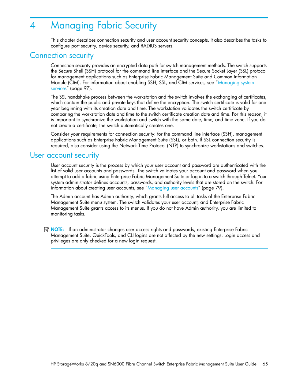 Managing fabric security, Connection security, User account security | 4 managing fabric security, 4managing fabric security | HP H-series Enterprise Fabric Management Suite Software User Manual | Page 65 / 160