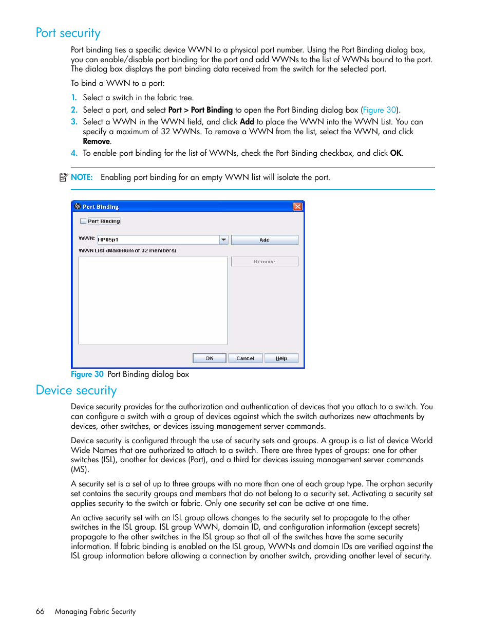 Port security, Figure 30 port binding dialog box, Device security | 30 port binding dialog box | HP H-series Enterprise Fabric Management Suite Software User Manual | Page 66 / 160