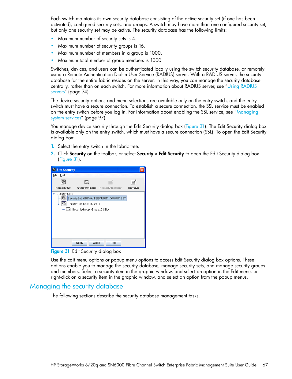 Figure 31 edit security dialog box, Managing the security database, 31 edit security dialog box | HP H-series Enterprise Fabric Management Suite Software User Manual | Page 67 / 160