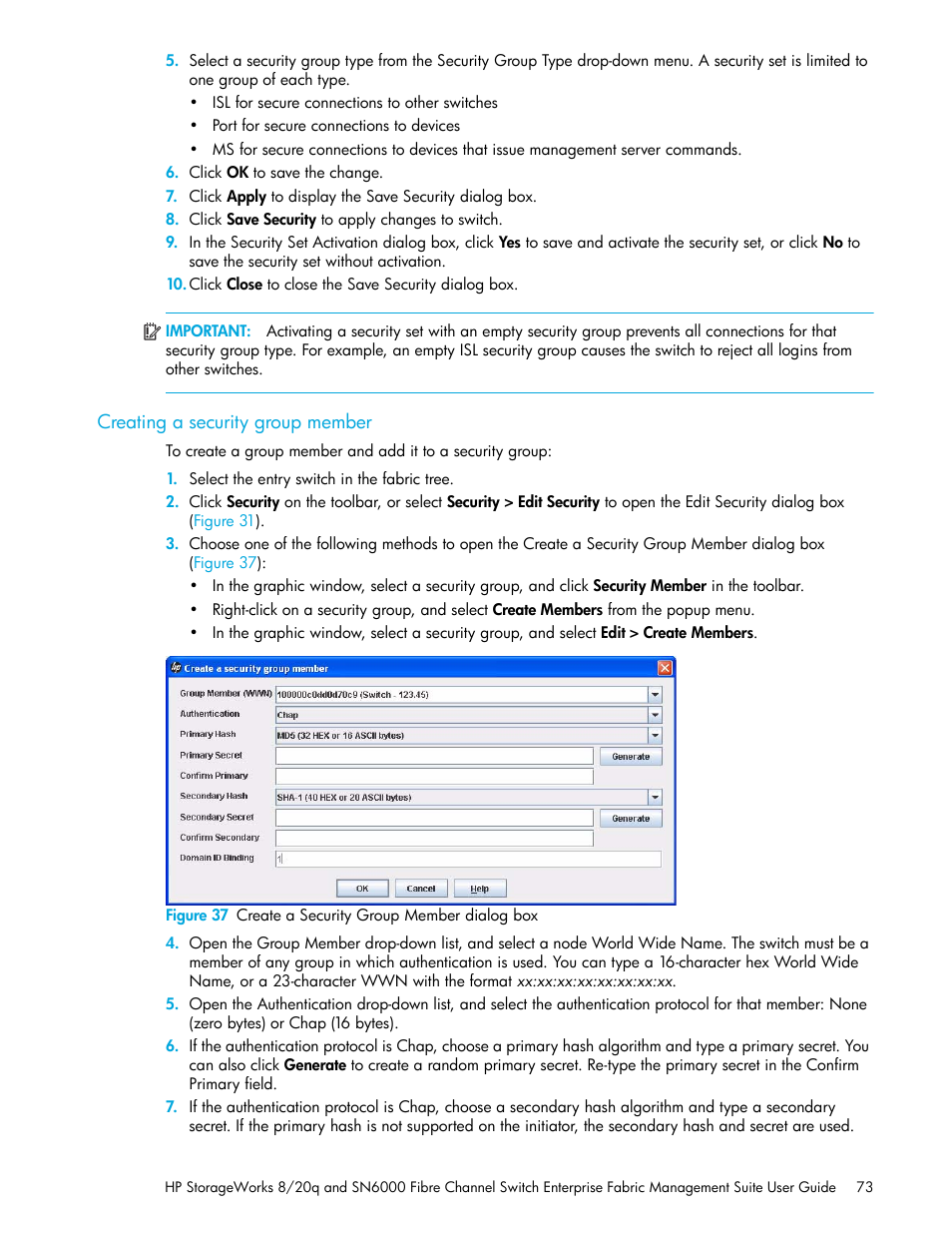 Creating a security group member, 37 create a security group member dialog box, Creating a security group | Member | HP H-series Enterprise Fabric Management Suite Software User Manual | Page 73 / 160