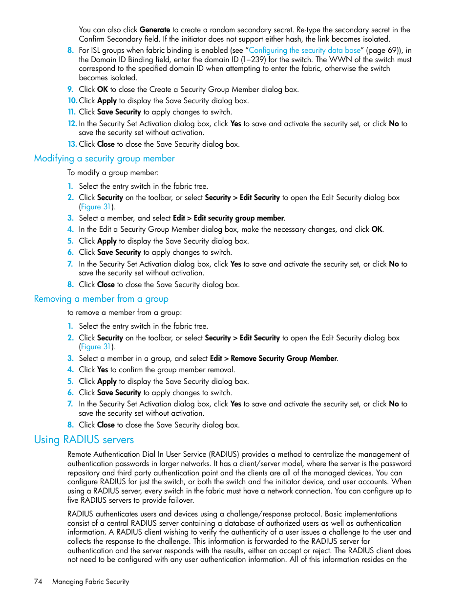 Modifying a security group member, Removing a member from a group, Using radius servers | Using radius, Servers | HP H-series Enterprise Fabric Management Suite Software User Manual | Page 74 / 160