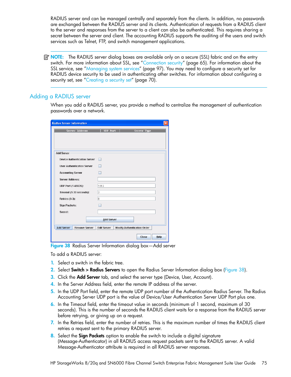 Adding a radius server, 38 radius server information dialog box—add server | HP H-series Enterprise Fabric Management Suite Software User Manual | Page 75 / 160