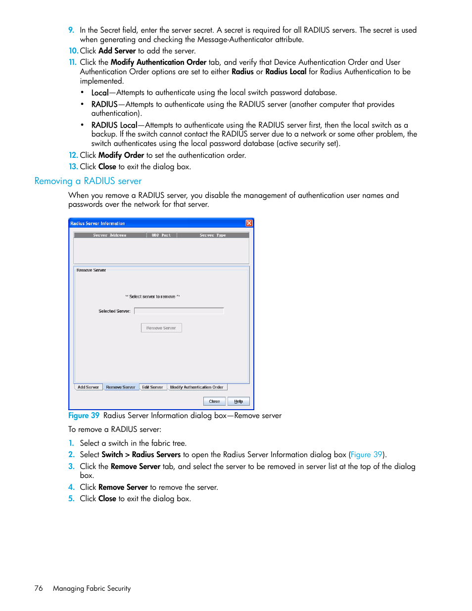 Removing a radius server | HP H-series Enterprise Fabric Management Suite Software User Manual | Page 76 / 160