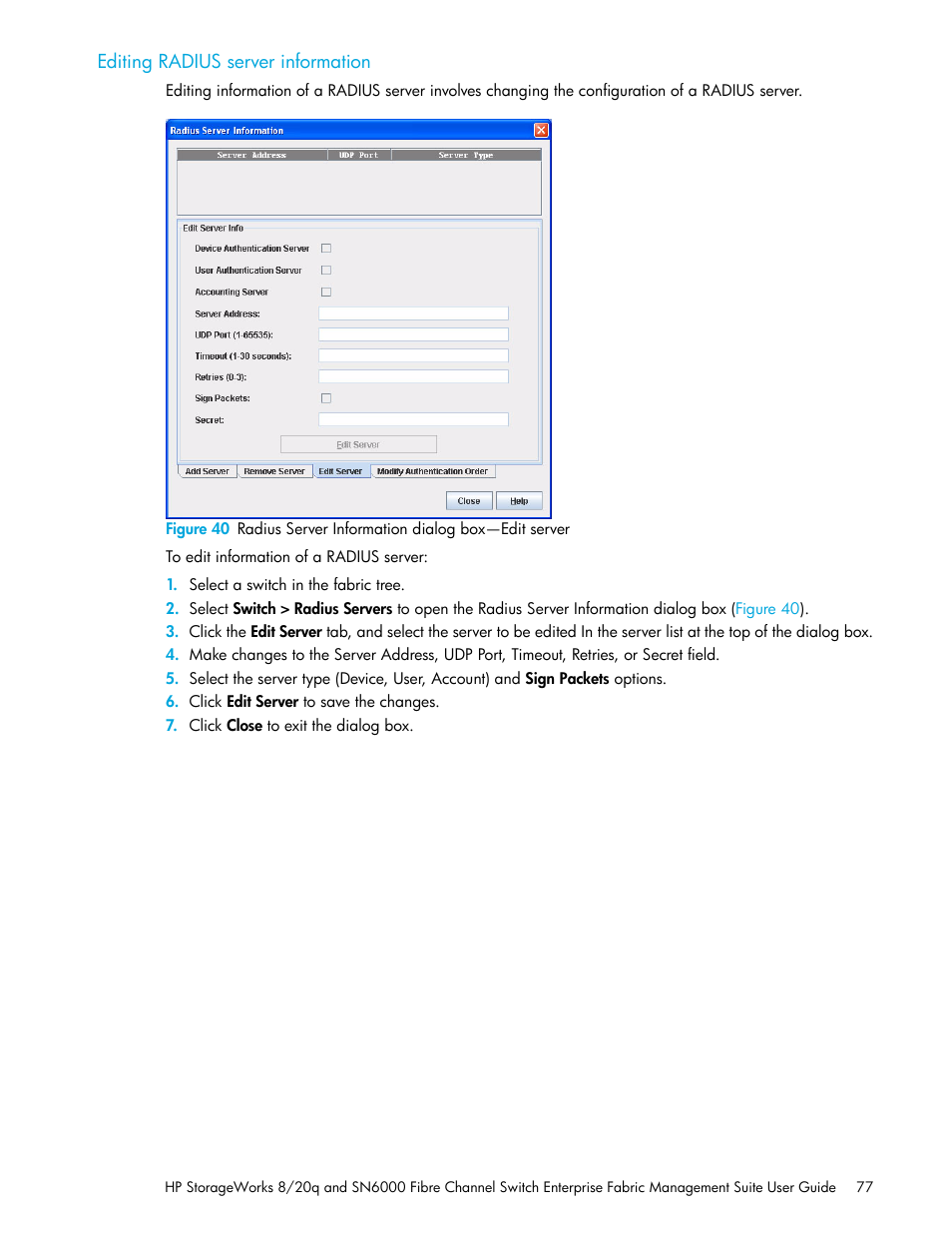 Editing radius server information | HP H-series Enterprise Fabric Management Suite Software User Manual | Page 77 / 160