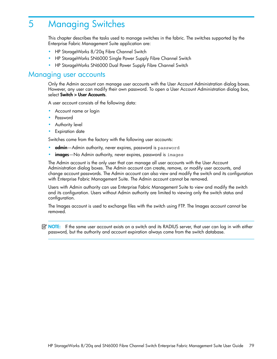 Managing switches, Managing user accounts, 5 managing switches | Managing user, Accounts, 5managing switches | HP H-series Enterprise Fabric Management Suite Software User Manual | Page 79 / 160