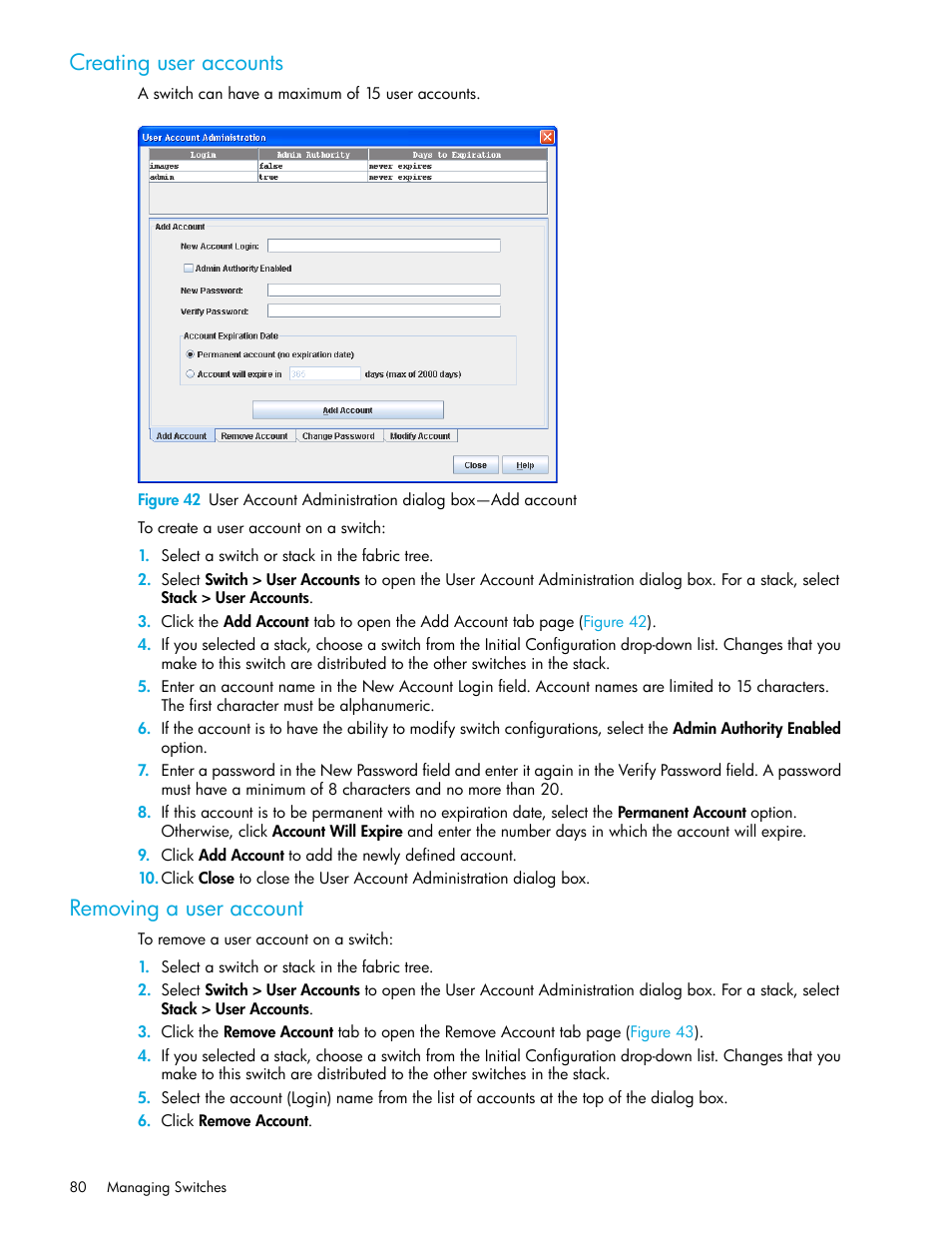 Creating user accounts, Removing a user account | HP H-series Enterprise Fabric Management Suite Software User Manual | Page 80 / 160