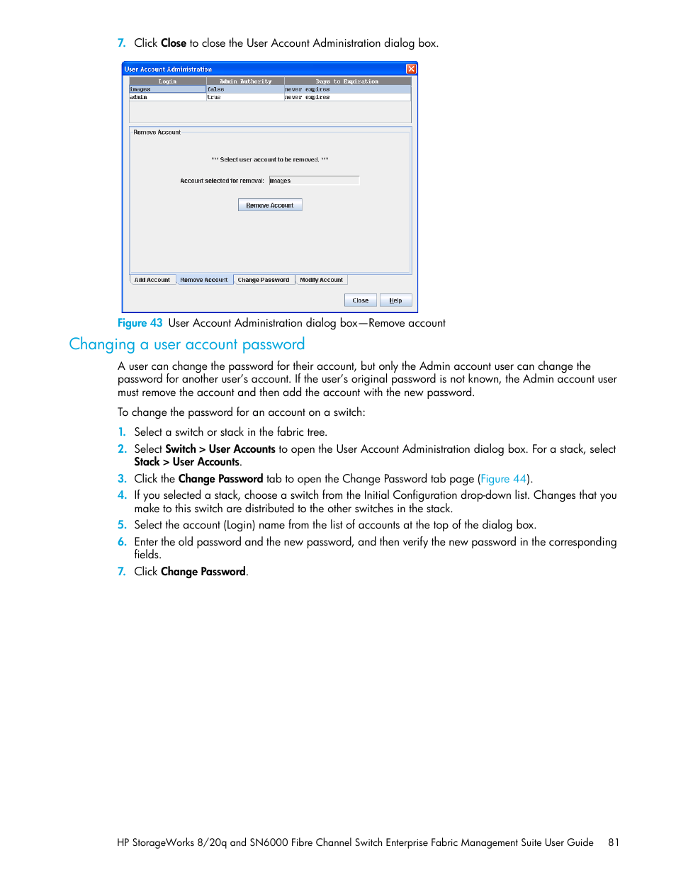 Changing a user account password | HP H-series Enterprise Fabric Management Suite Software User Manual | Page 81 / 160
